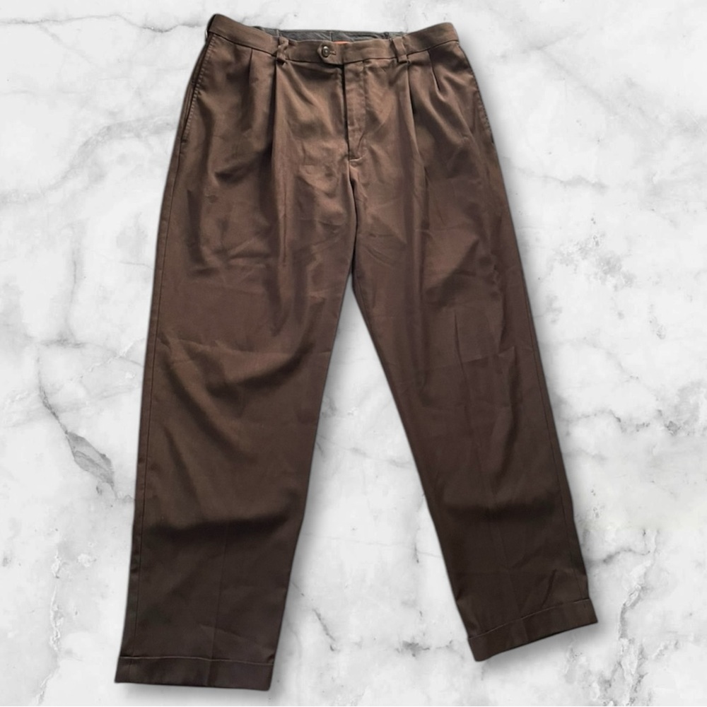 Haggar Pants Mens 34X30 Brown Pleated Front Cuffed Wrinkle Free Classic Fit